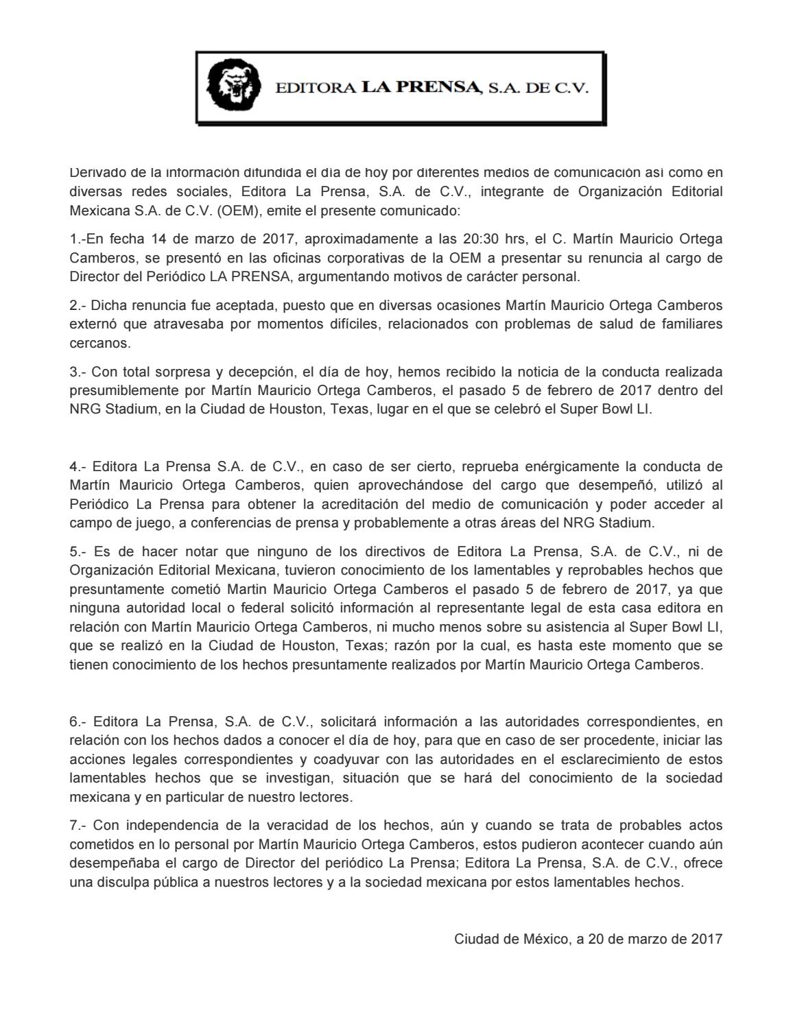 comunicado la prensa mauricio ortega